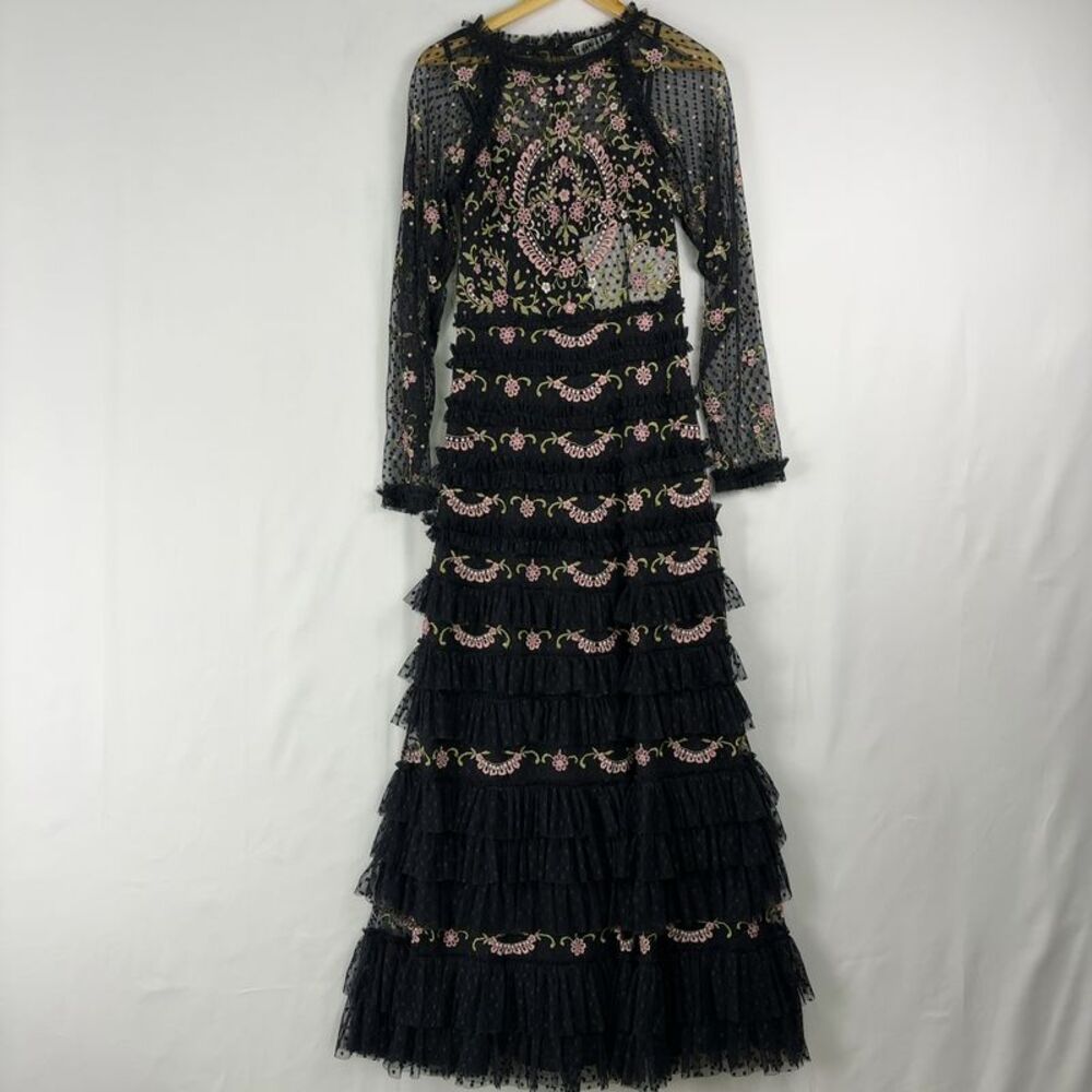 Mac Duggal Black Maxi Dress with Pink & Gold Embroidery